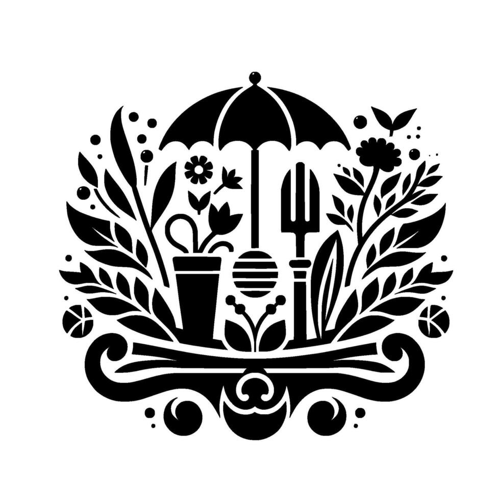 Elegant Black and White Garden Emblem Umbrella, Flowers, Tools, and Foliage in a Circular on White Background vector