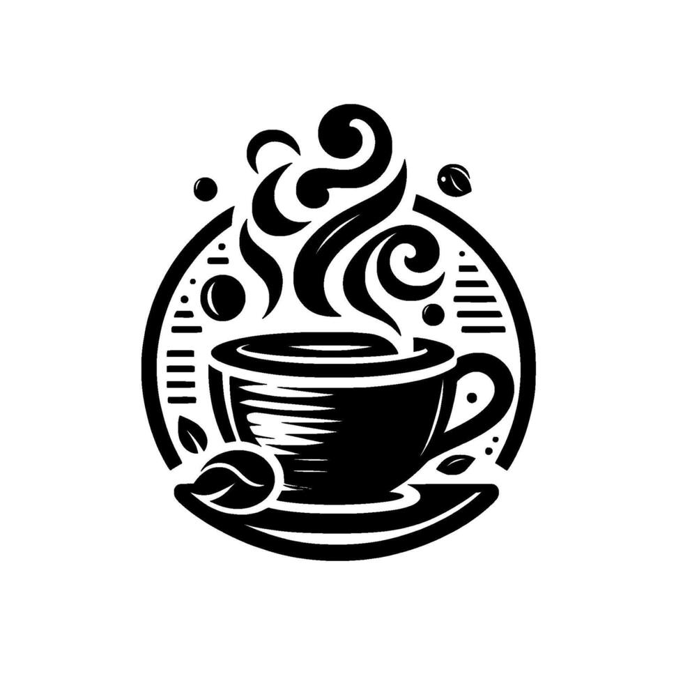 Minimalist coffee cup illustration featuring steam, beans, and leaves within a circular emblem, in black and white. vector