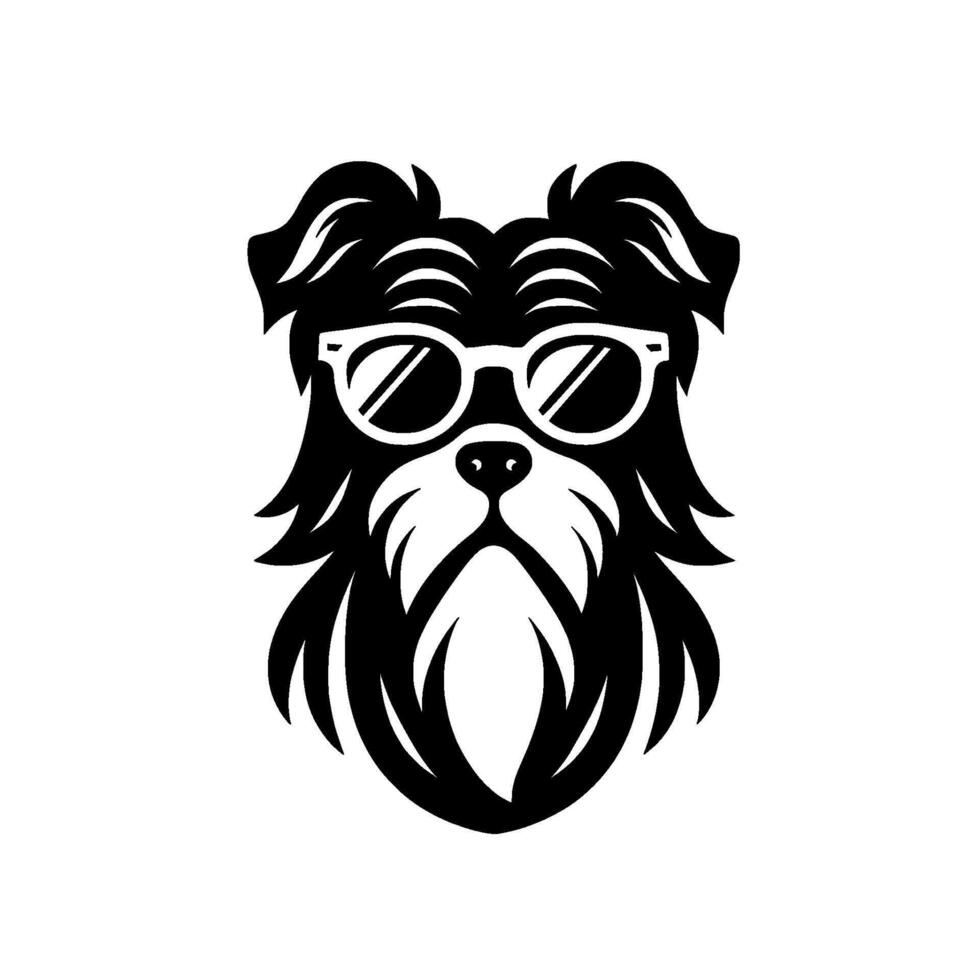 A black and white stylized dogs head, sporting round glasses and a fluffy beard, minimalist . vector