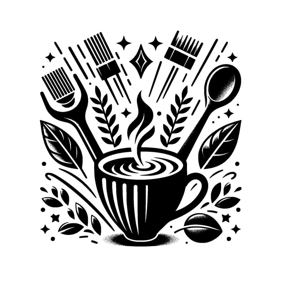 Black and White Illustration Coffee Cup with Steam, Spoon, Leaves, Brushes, and a Wrench, Symbolizing Creativity and Craft. vector