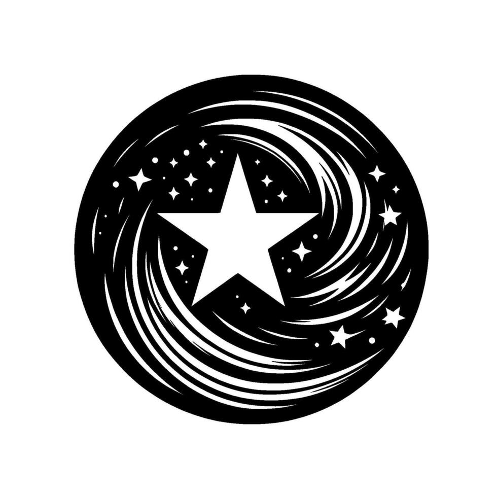 Black and white circular featuring a central white star surrounded by swirling lines and smaller starburst elements on a white background. vector