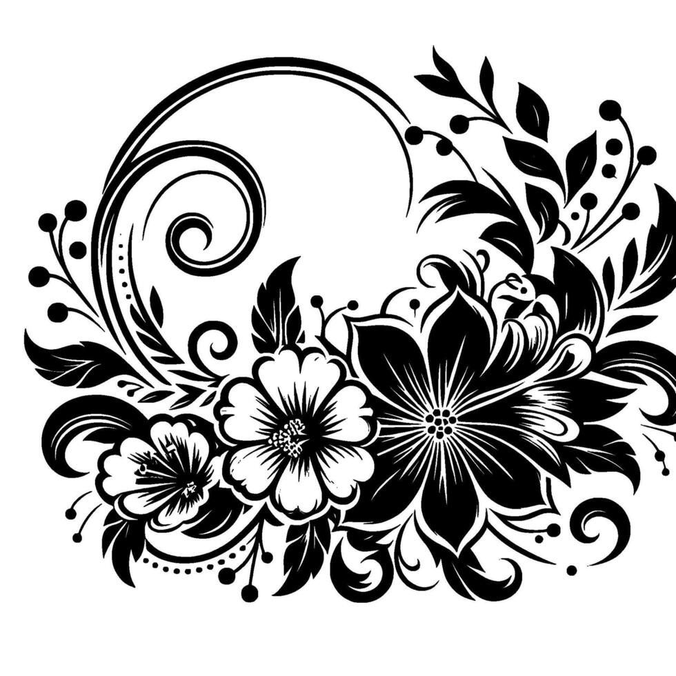 Elegant Black and White Floral Arrangement with Swirls, Berries, and Leaves on a White Background. vector