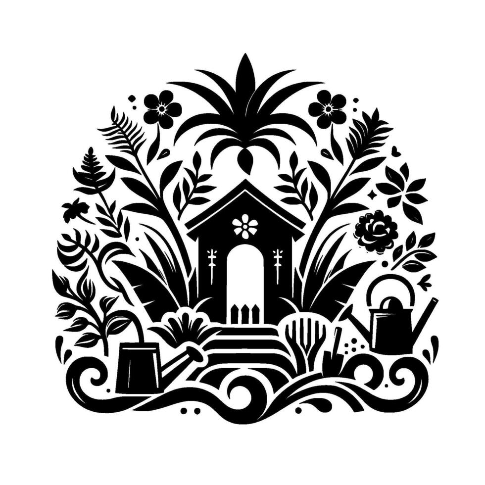 Black and white stylized garden illustration featuring a symmetrical of a shed, plants, flowers, watering cans, and decorative flourishes. vector