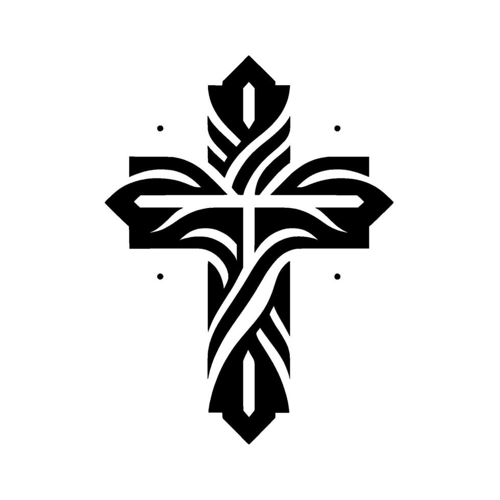Intricate Black and White Christian Cross with Ornamental Flourishes on a Pure White Background. vector