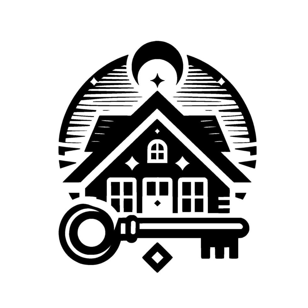 Black and White WoodcutStyle Illustration of a House with a Key, Moon, and Star, Symbolizing Home Security and Nighttime vector