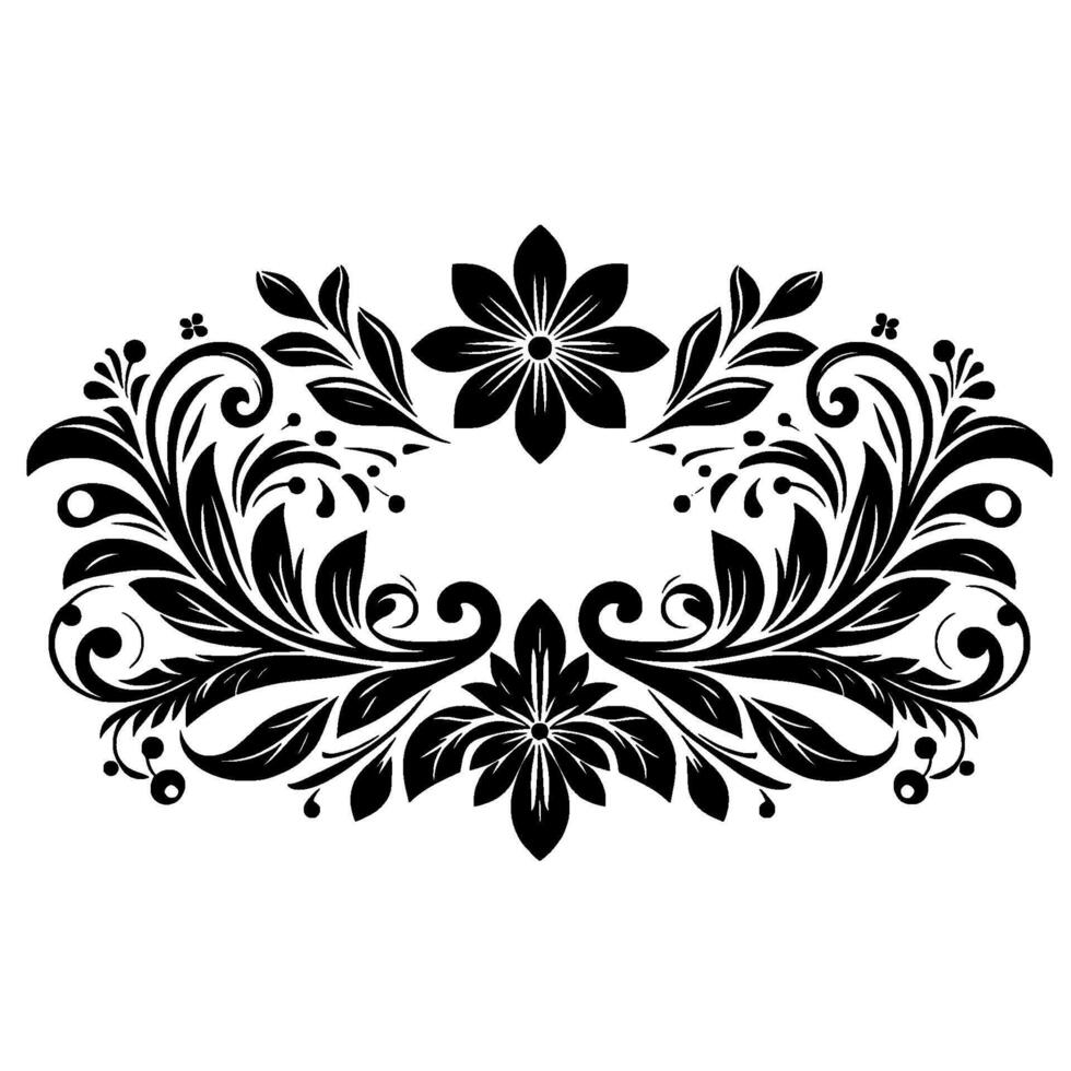 Elegant Black Floral Ornament on White, Symmetrical, Detailed with Flowers, Leaves, and Swirls, Suitable for Decorative Use. vector