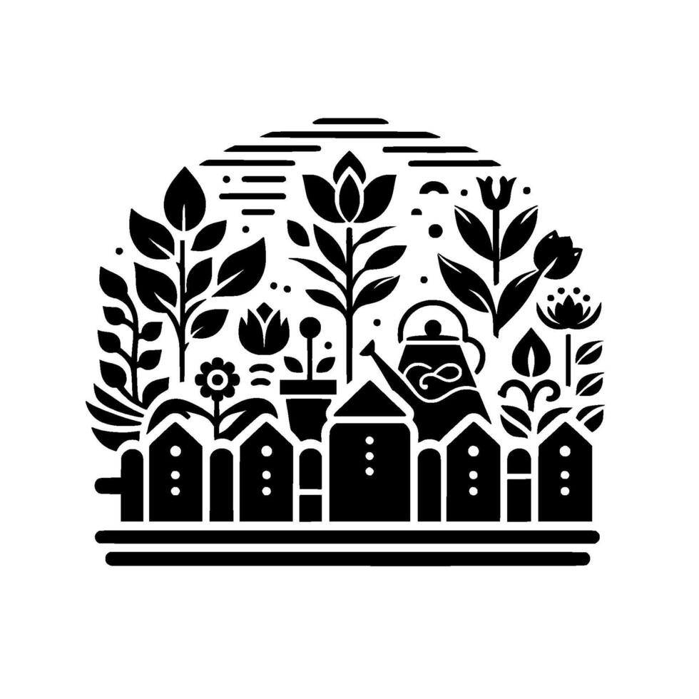 Black and white floral garden with fence, teapot, and stylized plant silhouettes within a circular frame. vector