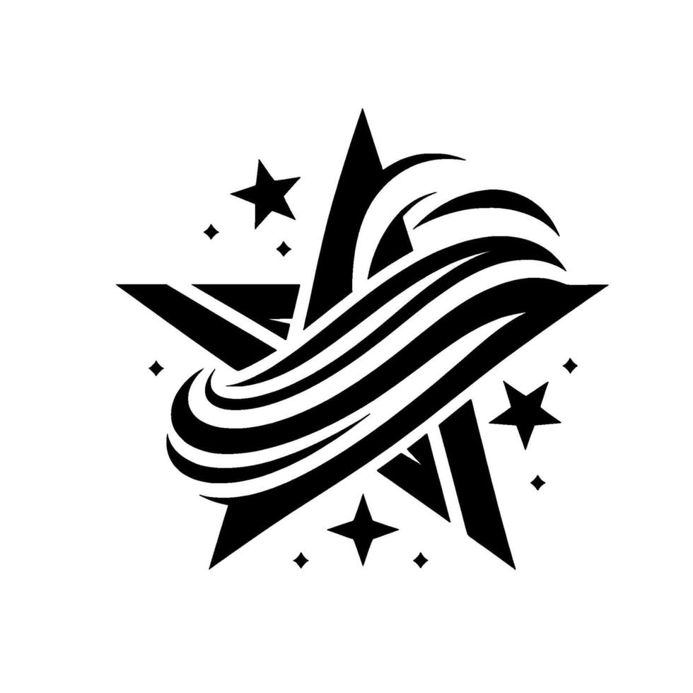 Black Starburst with Swirling Lines and Accent Stars on a White Background, a Illustration. vector