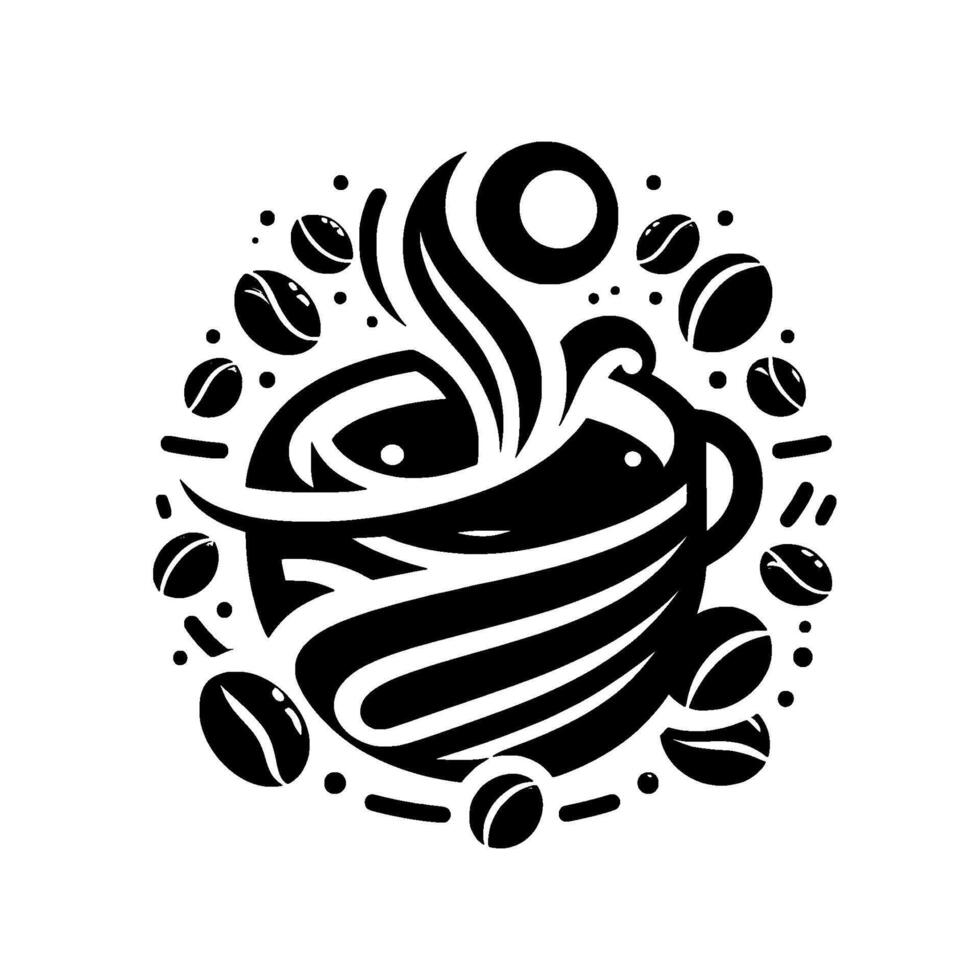 A stylized black and white illustration of a steaming coffee cup encircled by coffee beans and decorative elements. vector