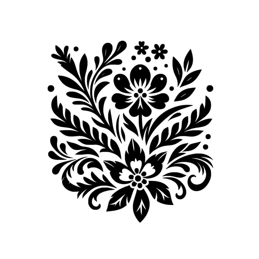 Intricate Black and White Floral Ornament, Symmetric with Flowers, Leaves, and Curlicues, set against white background. vector
