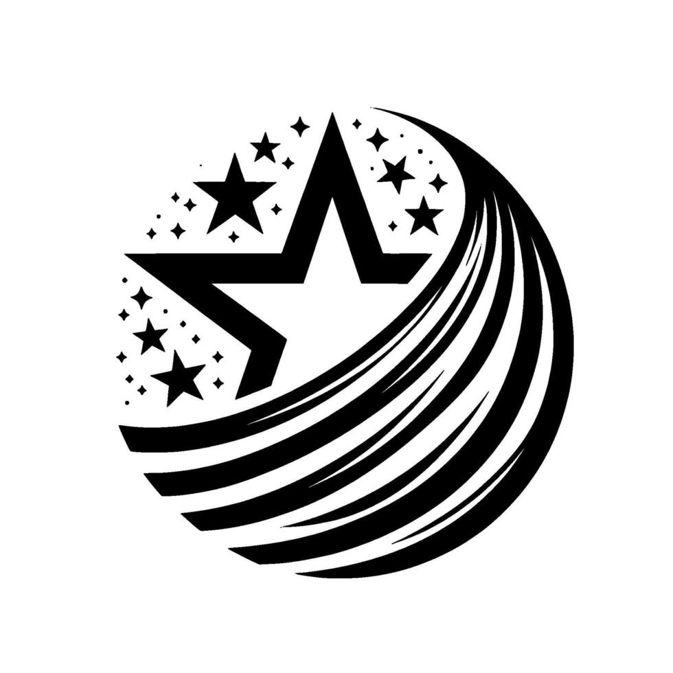 Bold Monochrome Composite Star with a large, stylized central star and smaller stars, enclosed within a circular shape, trailing cometlike lines. vector
