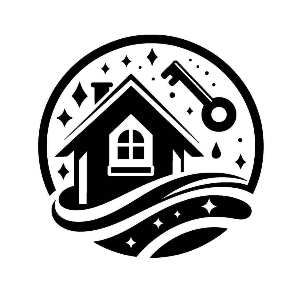 Black and White House and Key , CircleFramed Illustration, Sparkles, Water, Real Estate Concept, Home Ownership vector