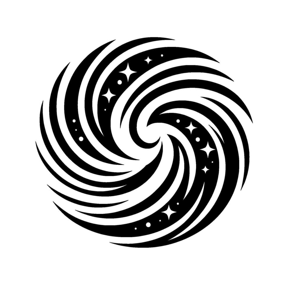 Black and white abstract swirling vortex with embedded starlike elements, creating a sense of motion and celestial energy. vector