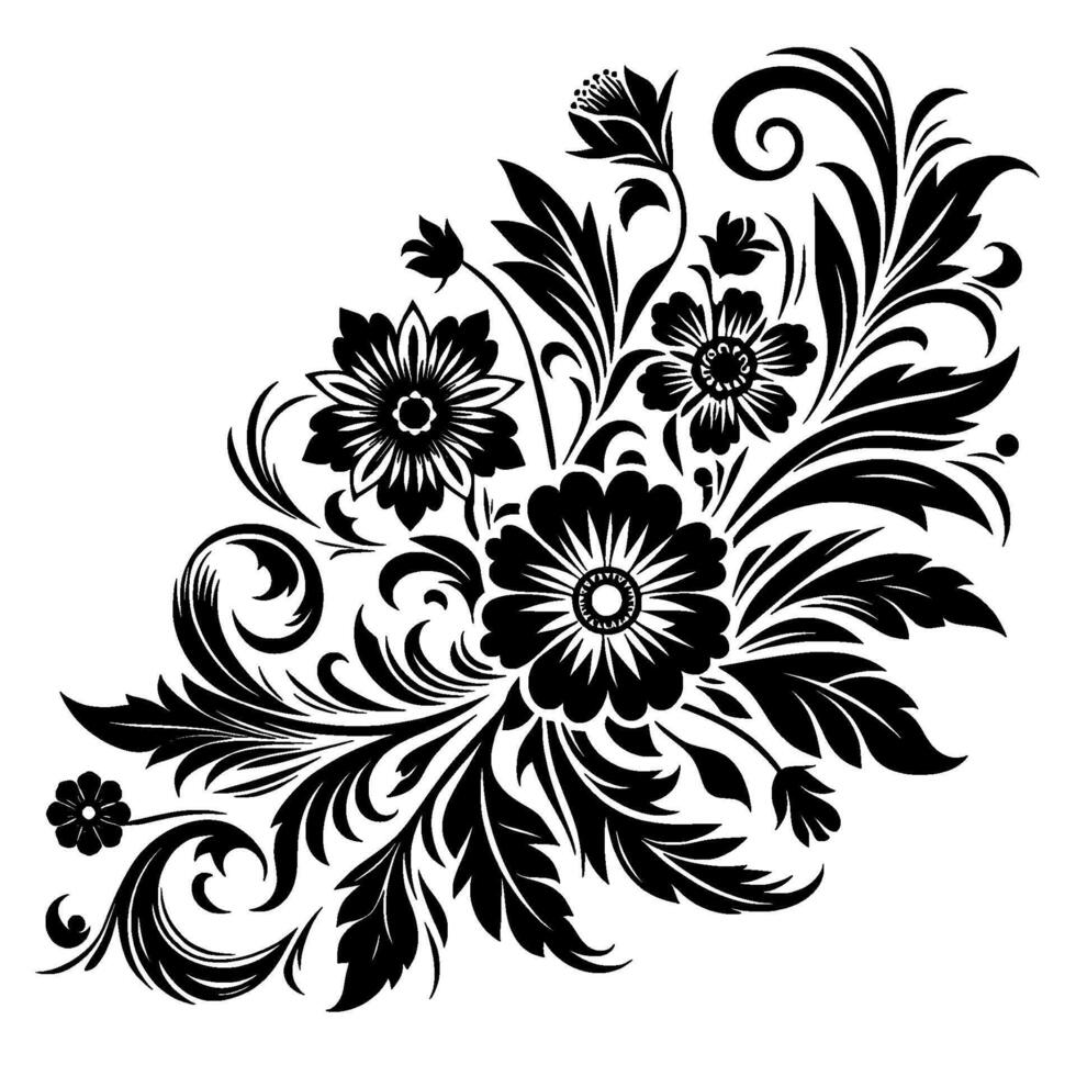 Elegant black and white floral with intricate details, forming a corner flourish on a white backdrop. vector