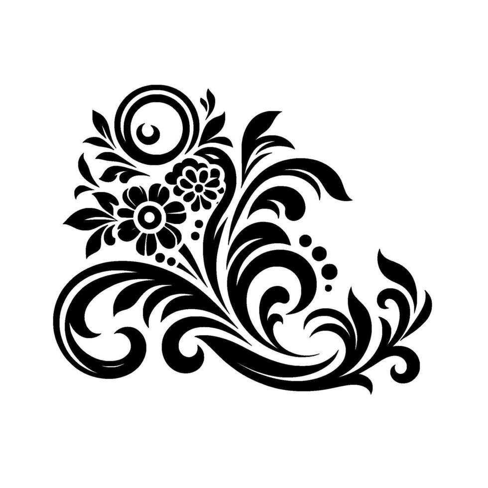 Intricate Black and White Floral Ornament a detailed, elegant, and symmetrical of stylized flowers, leaves, and swirling elements, on a clean white background. vector
