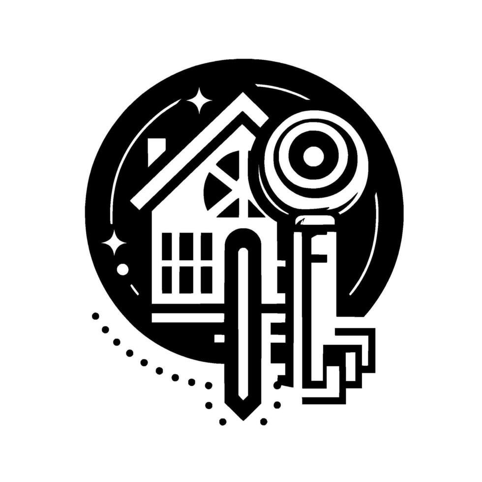 Black and White Minimalist A House with Key Stars in a Circle. Symbol of Home Ownership, Security, and Real Estate. vector
