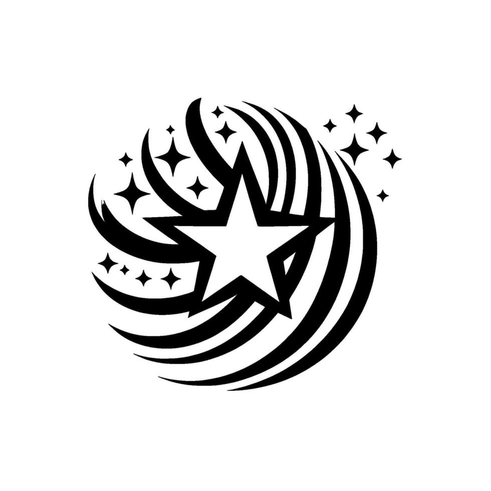 A minimalist, black and white featuring a fivepointed star encircled by stylized curved lines and smaller star accents. vector