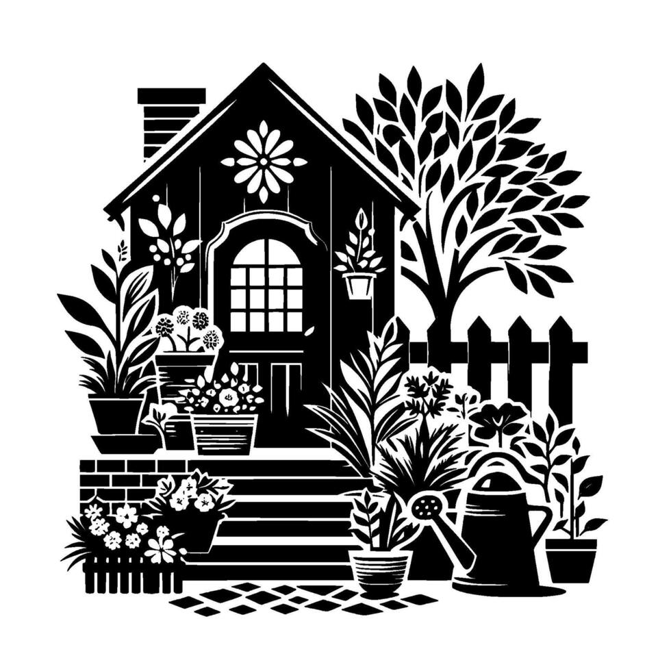 Serene black and white illustration of a charming cottage garden with blooming flowers, potted plants, a picket fence, and a watering can. vector