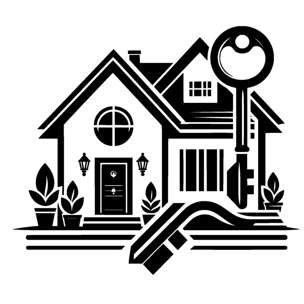 Modern Black White House Illustration with Key Symbol of Homeownership, Real Estate and Security. vector