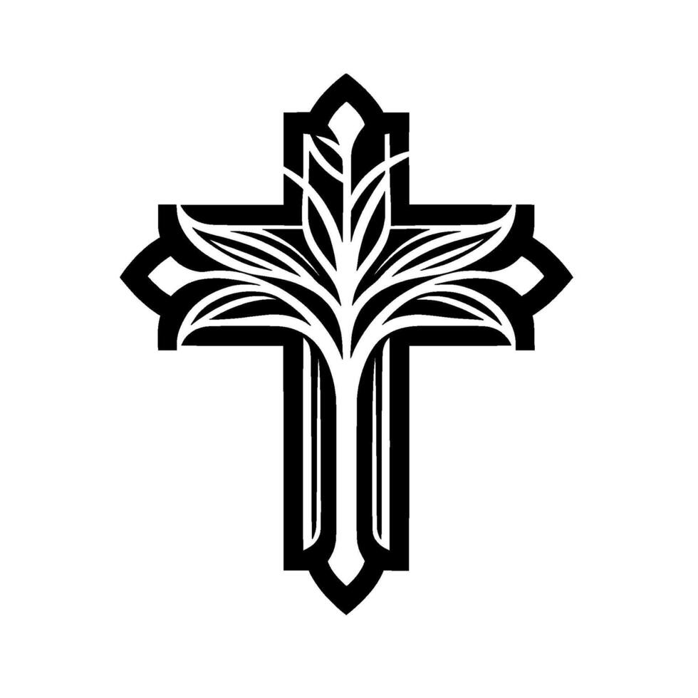 Stylized Black and White Cross with Leafy Floral Motif, Representing Faith, Spirituality, and Botanical Fusion. vector