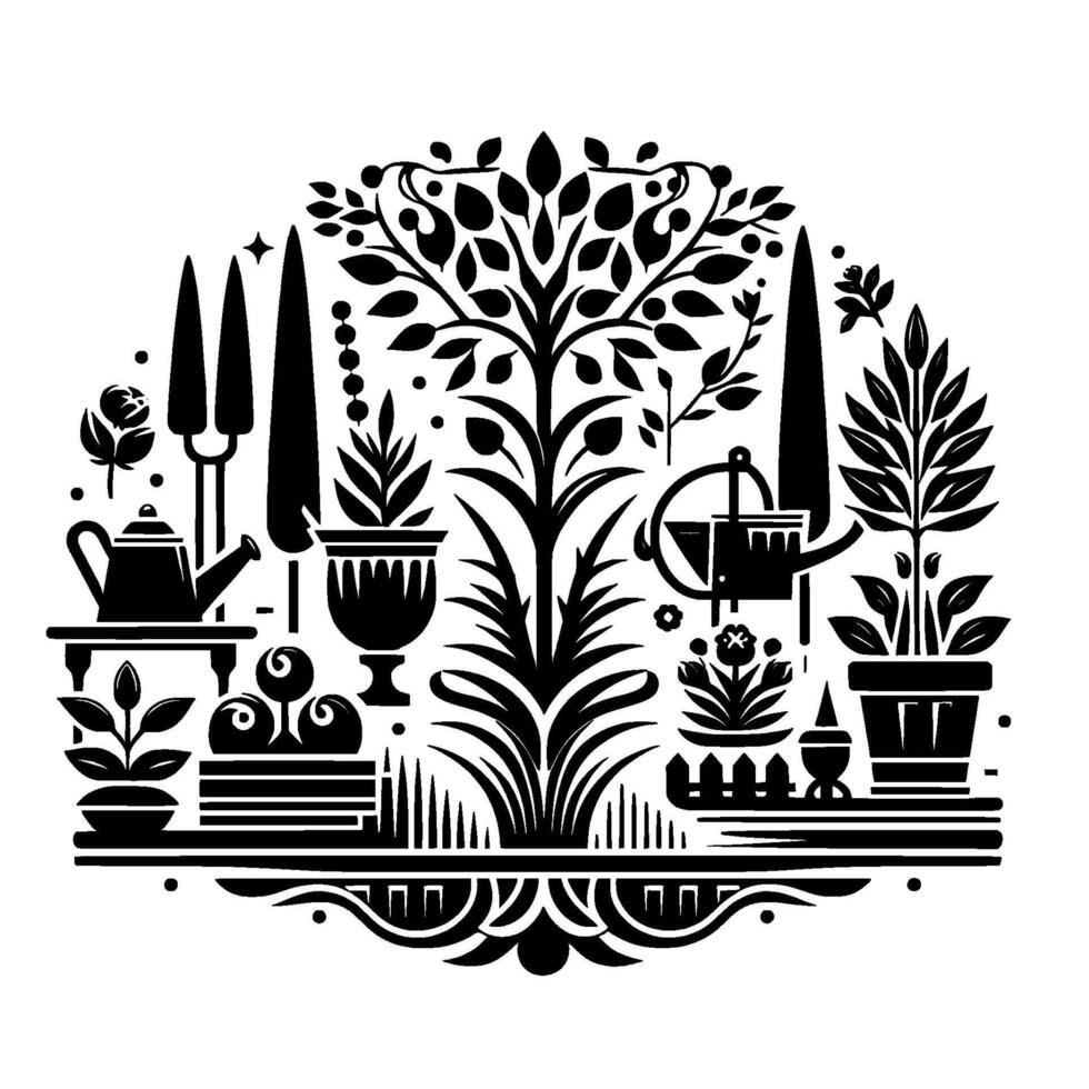 Stylized Black and White Garden Illustration Lush Plants, Tools, and Floral Elements Arranged in Circular Composition. vector