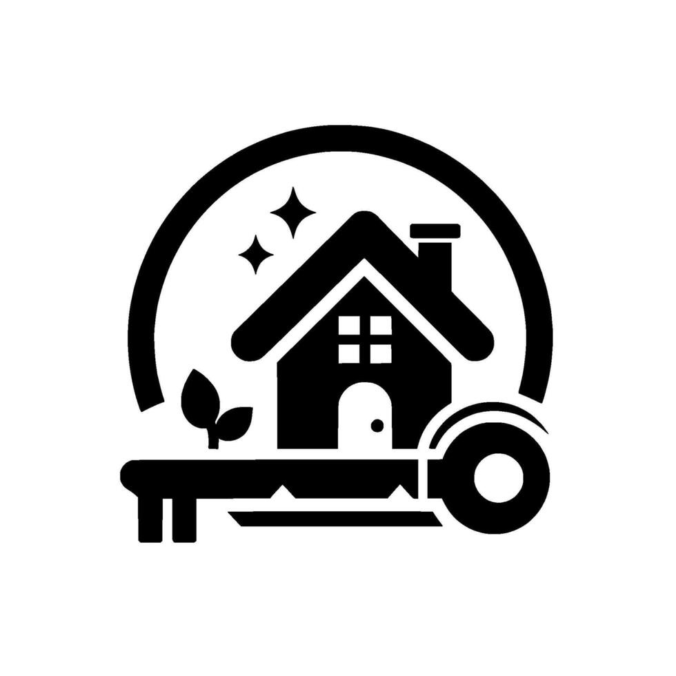 Black and White Home with Key, Plant, and Stars within a Circular Frame, Illustrating Real Estate and Home Ownership. vector