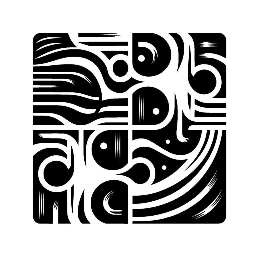 Abstract Black and White Square Composition with Geometric Shapes, Swirls, Lines and Circular Elements, Divided in Four Parts. vector