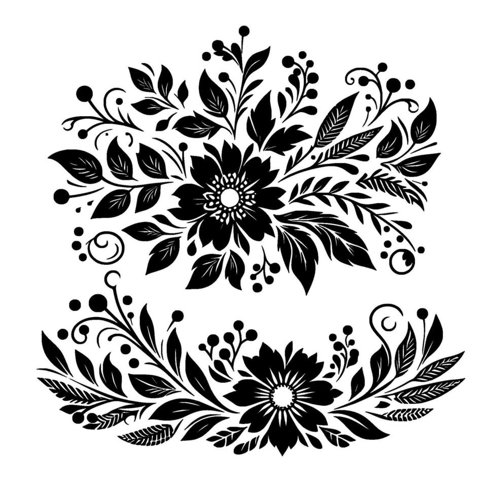 Two Elegant Black Floral Designs with Leaves, Berries, and Spirals on a White Background, Ideal for Decorative Applications. vector