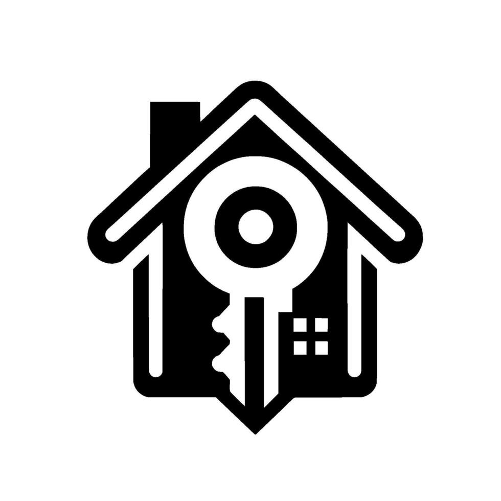 of a stylized house silhouette with a key superimposed, symbolizing homeownership, security, and real estate. vector