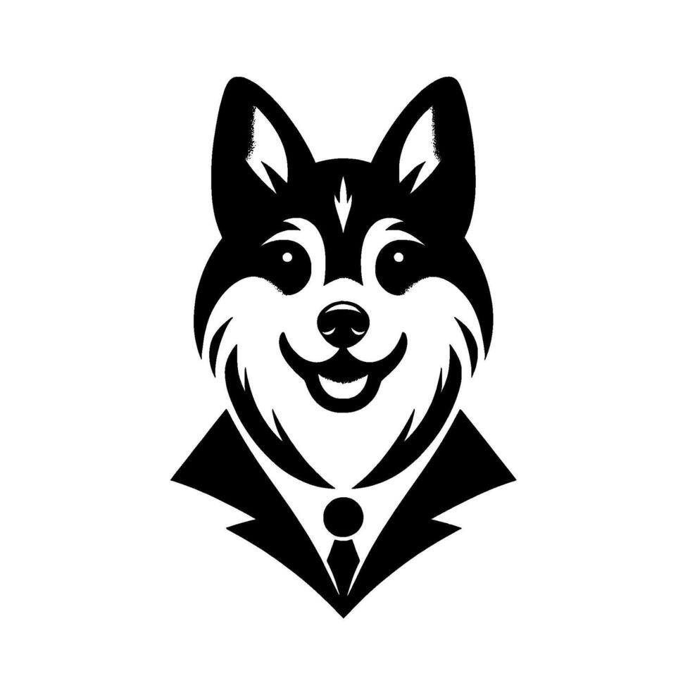 A charming black and white illustration of a welldressed husky wearing a suit and tie, exuding a friendly, businesslike demeanor. vector