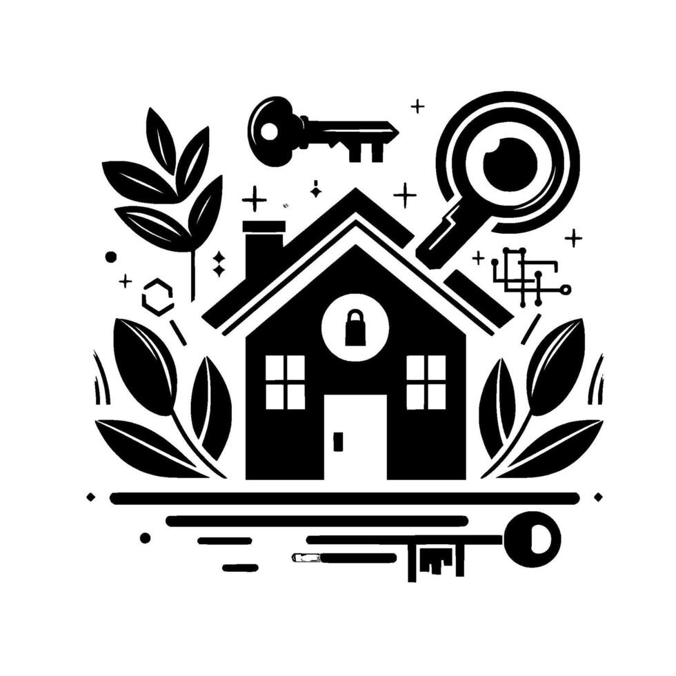 Black and White Real Estate A Stylized House with Key, Magnifying Glass, and Decorative Foliage Elements on a White Backdrop. vector