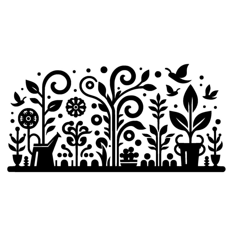 Stylized Black and White Garden Scene with Plants, Flowers, Watering Can, Birds, and Decorative Elements. vector