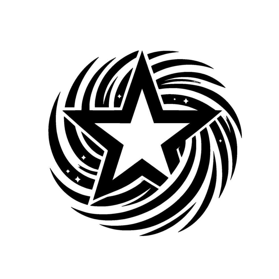 A striking monochrome circular featuring a prominent white star at its core, encompassed by a swirling pattern and subtle diamond details, set against a clean white backdrop. vector