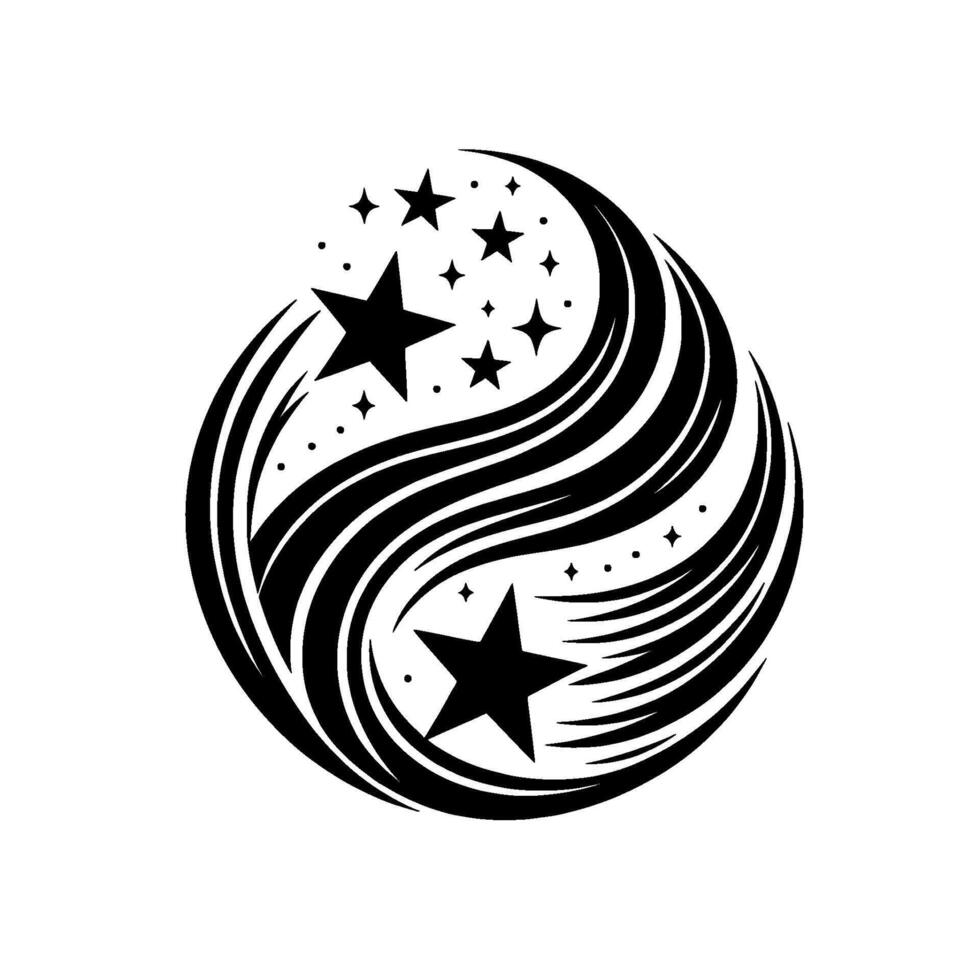 Black White Yin Yang with Stars and Flowing Lines, Creating Harmony and Balance Symbolism Against White Background. vector