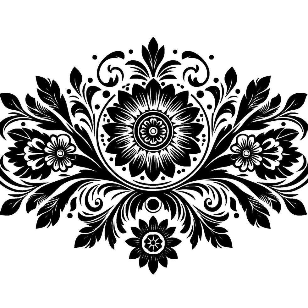 Symmetrical Black Floral with Detailed Petals, Leaves, and Spirals on a White Background, creating a pattern. vector