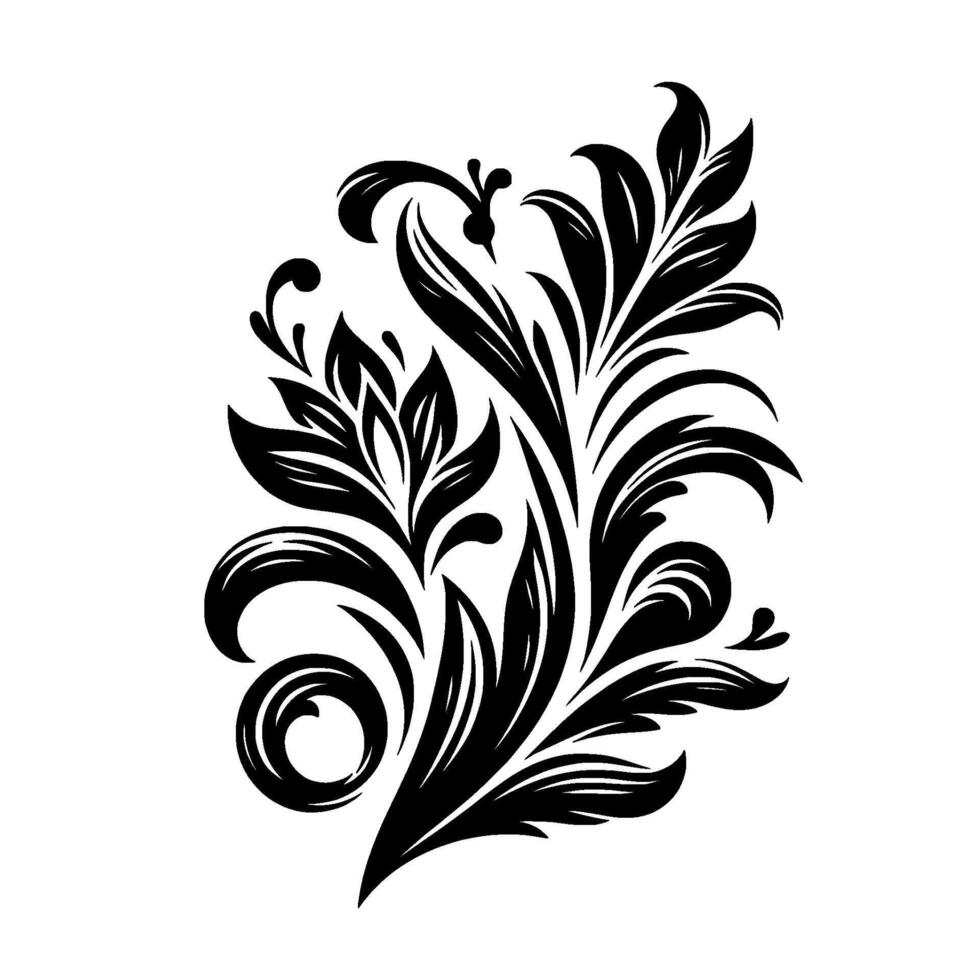 Elegant Black Floral on White, featuring Stylized Leaves, Swirls, and Curlicues, Classic Flourish. vector
