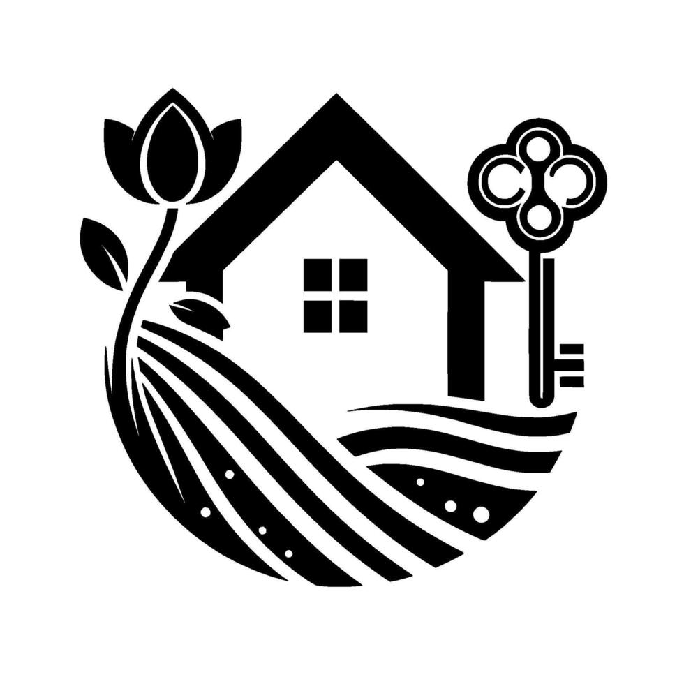 Minimalist Black and White A House with Flower, Key, and Field in a Rounded Composition. vector