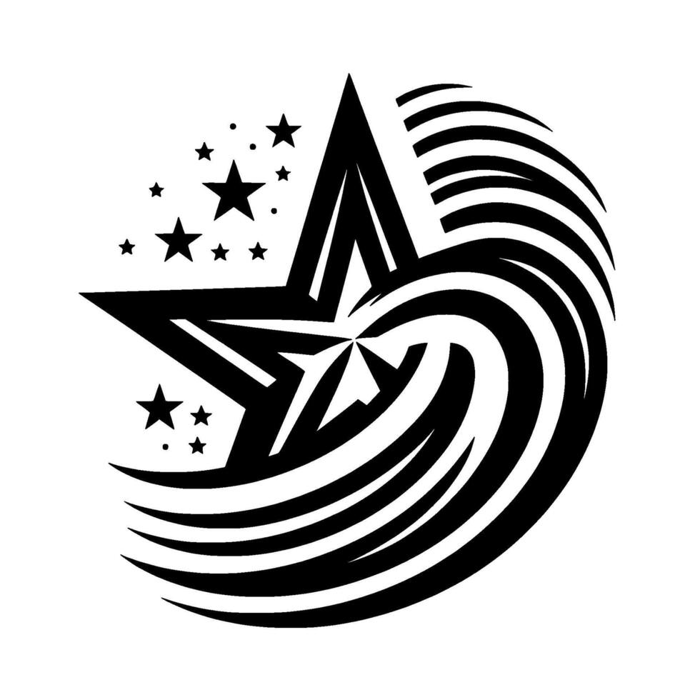 Bold Black and White Starburst with Swirling Waves and Scattered Star Accents on White Backdrop. vector