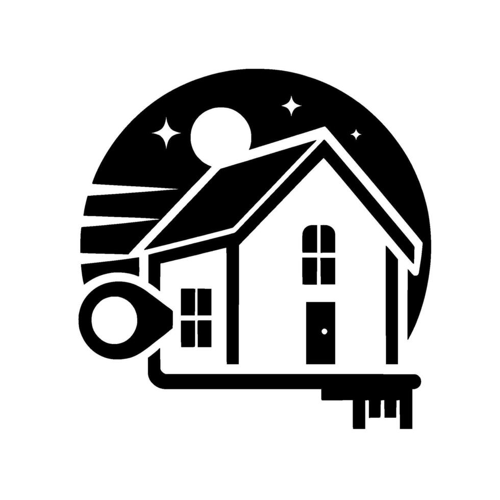 Silhouette of a HouseShaped Key under a Night Sky, with Moon and Stars, Representing Home Access and Security. vector