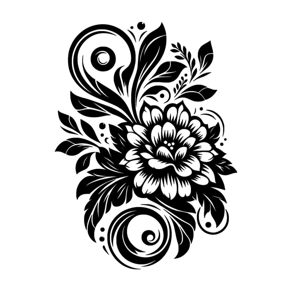 A symmetrical black and white floral , featuring a central flower surrounded by elaborate leaves, spiraling tendrils, and decorative elements. vector