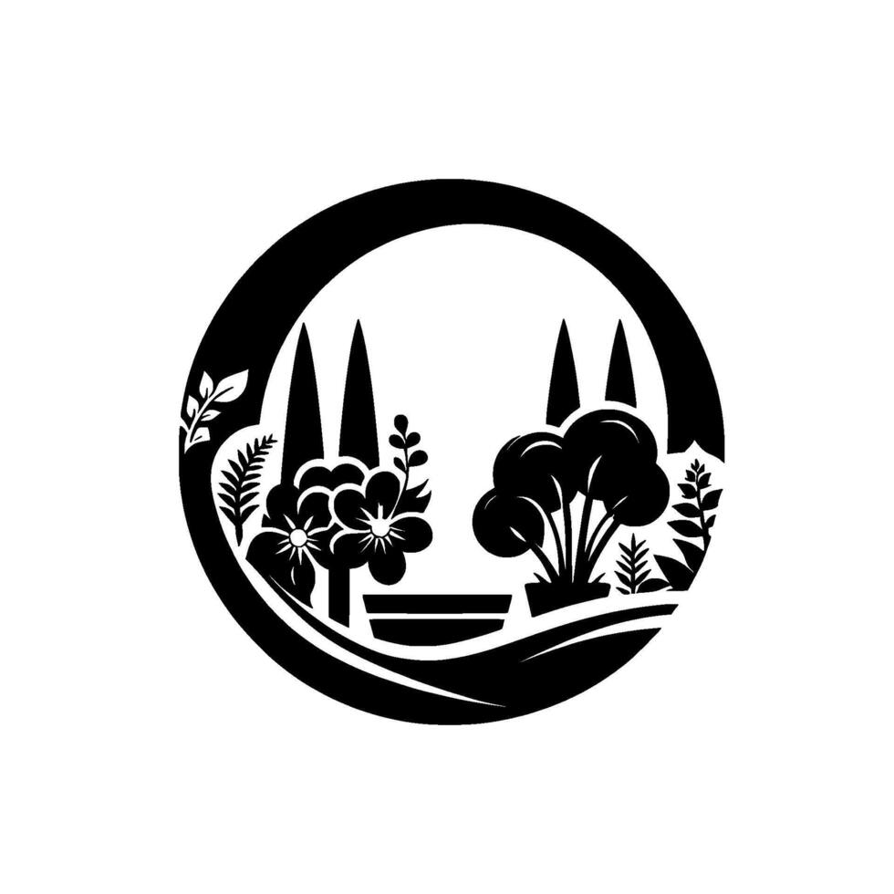Intricate Black White Circular Garden Floral, Plant, Tree Silhouettes within a Decorative Border vector