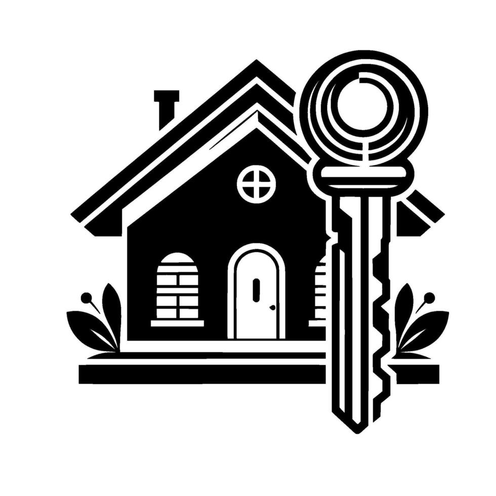 Black White Minimalist House with a Large Key, Emphasizing Home Ownership and Security. vector