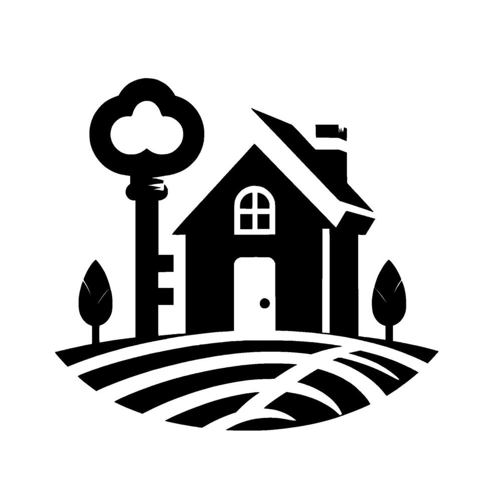 Black and White Illustration of a Home Symbol with Key, Trees, and Rolling Landscape, Representing Property, Home Ownership, and Security. vector