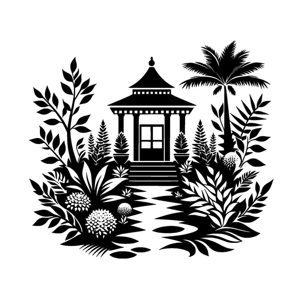 Serene Black and White Gazebo Scene Botanical Garden, Elegant Pathway, Palm Tree, Lush Foliage, Floral Accents, Peaceful Ambiance, Classic Illustration. vector