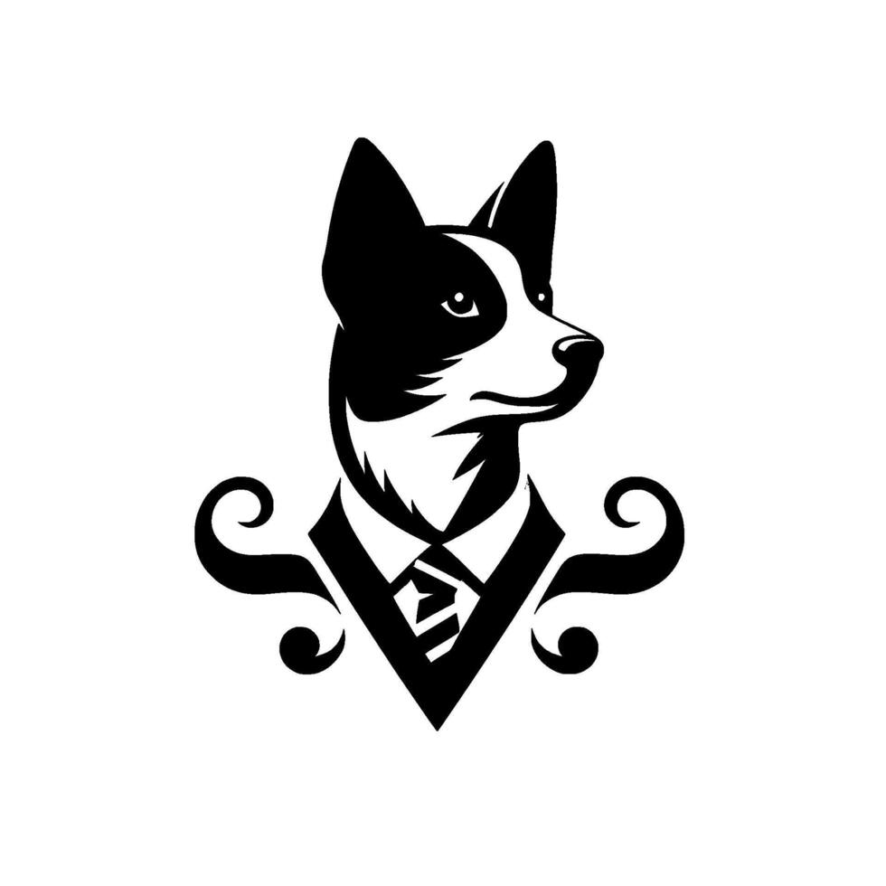 Sophisticated Black and White Dog Border Collie in a Suit, Geometric Collar and Ornate Swirls on White Background. vector