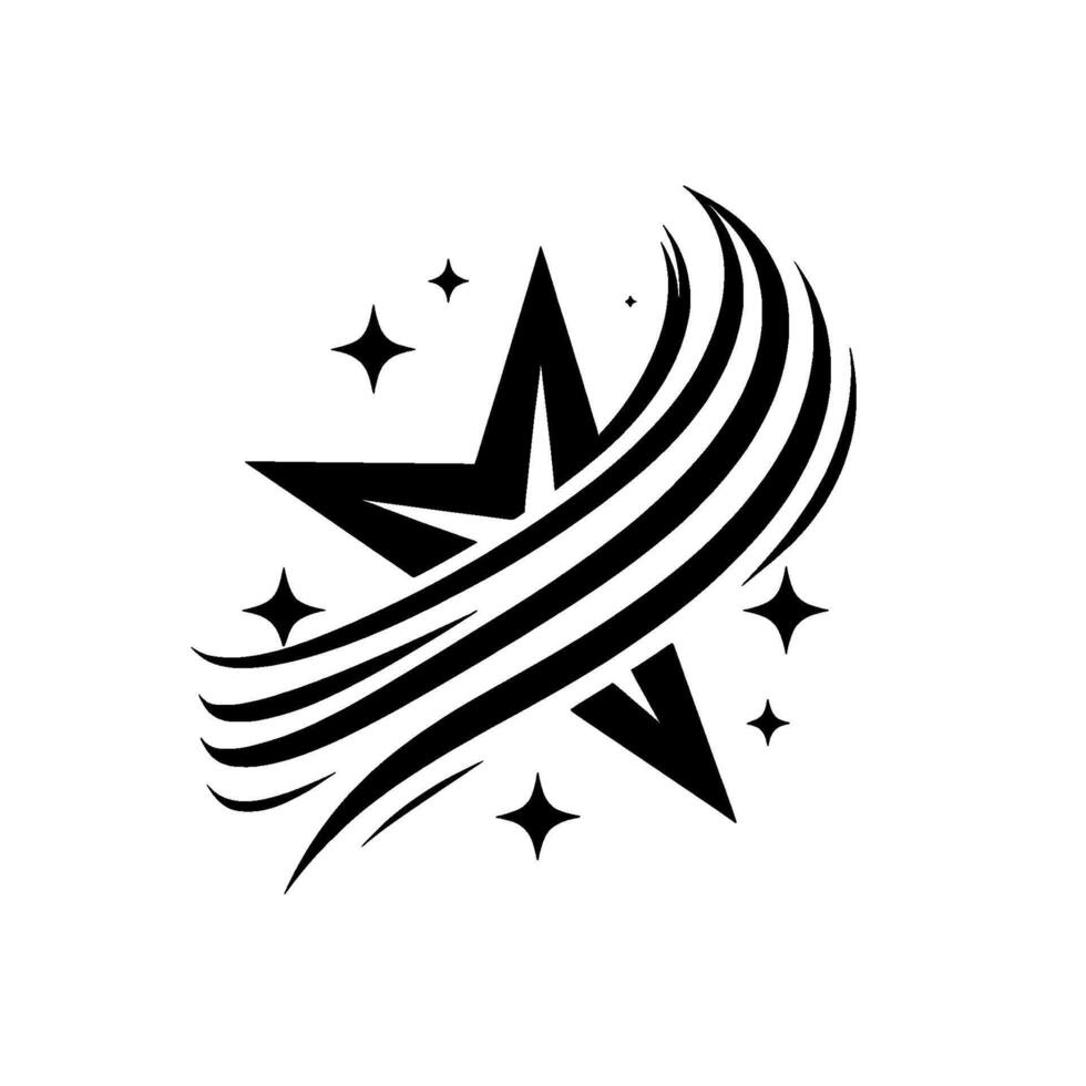 Black and white minimalist star with curved lines and surrounding sparkles, clean on white background. vector