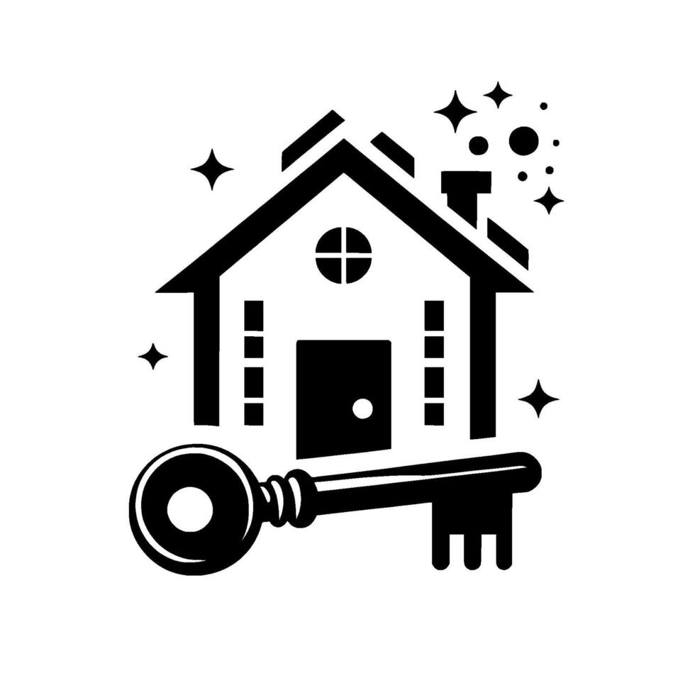 Black and White House Featuring Key, Chimney, and Sparkles, Representing Homeownership and Real Estate. vector