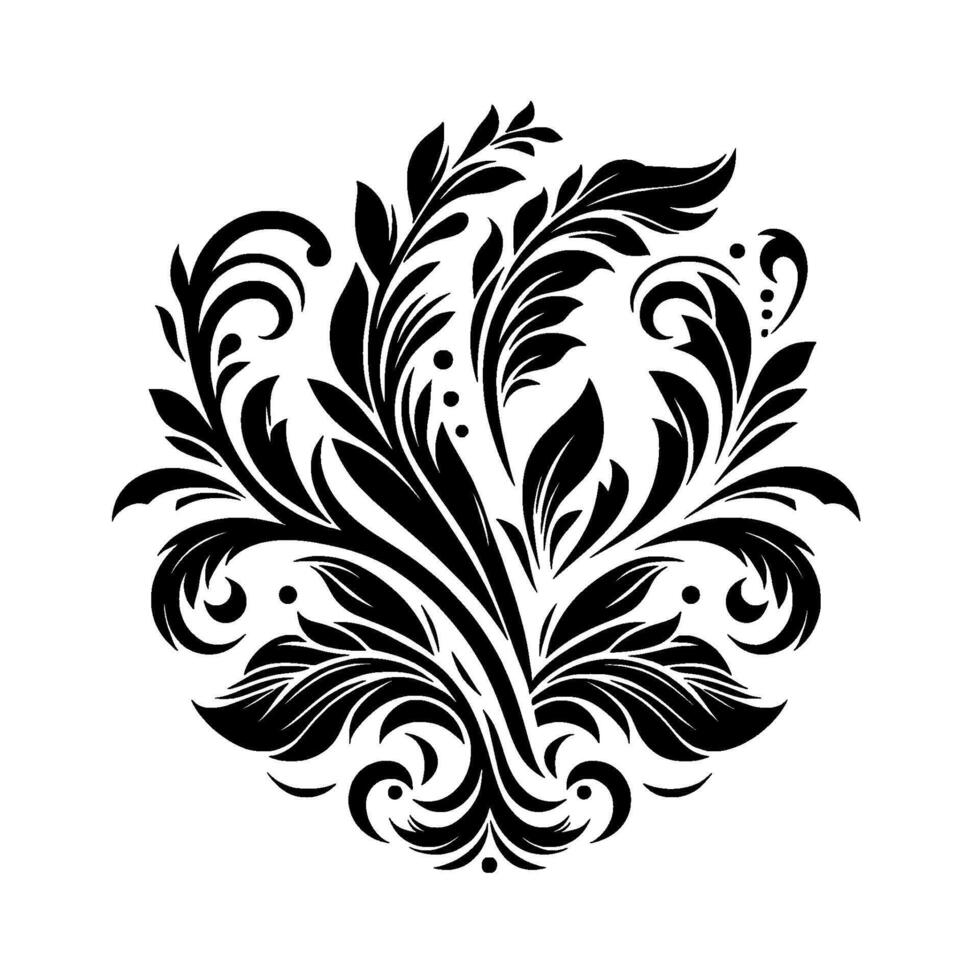 Elegant symmetrical floral in black and white, intricate leaves, swirling elements, stylized botanical illustration. vector