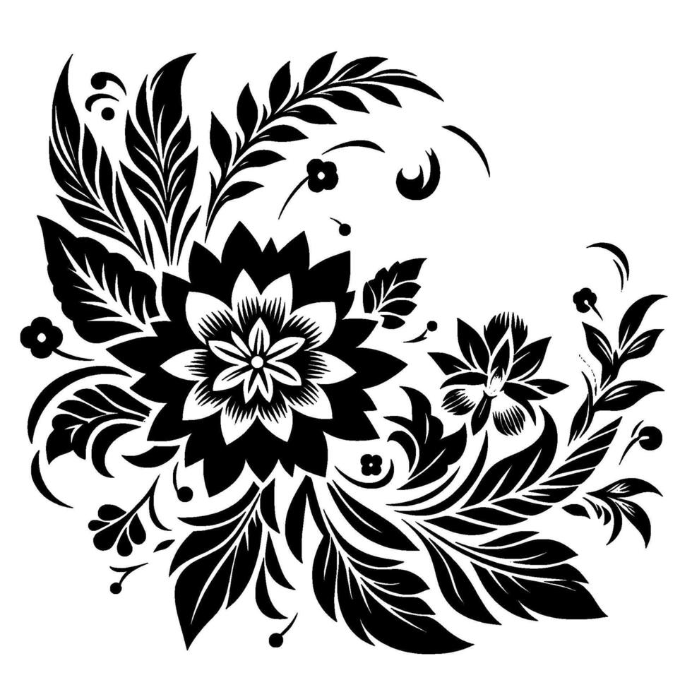 Intricate Black and White Floral Corner Featuring Lush Petals, Curvilinear Leaves, and Elegant Swirls on a White Canvas. vector