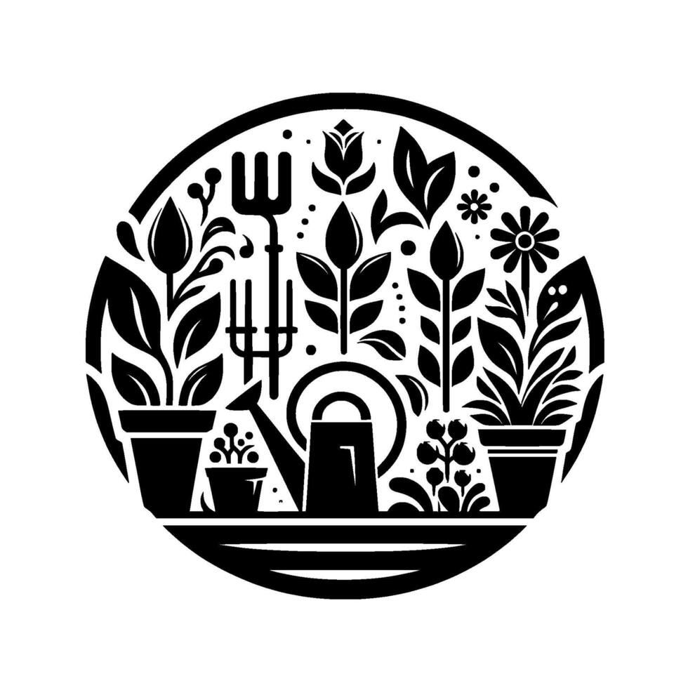 Stylized Circular Emblem of Gardening Tools, Plants, Flowers, and Watering Can in Black and White. vector